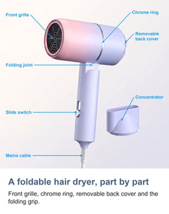 Foldable Travel Hair Dryer, Compact Mini Ionic Folding Hair Dryer