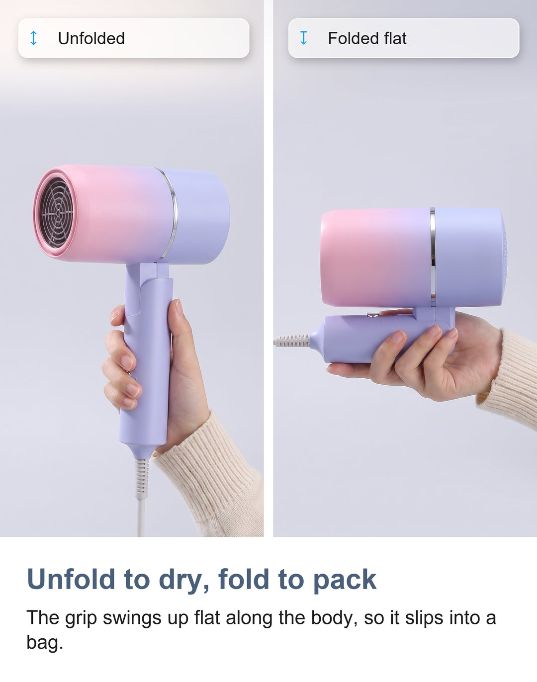 Foldable Travel Hair Dryer, Compact Mini Ionic Folding Hair Dryer