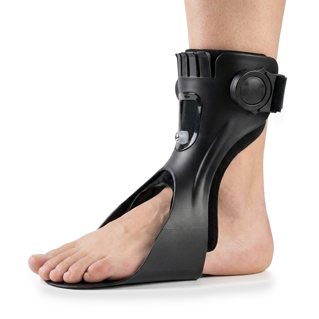 Foot drop support brace shown in side profile on a bare foot