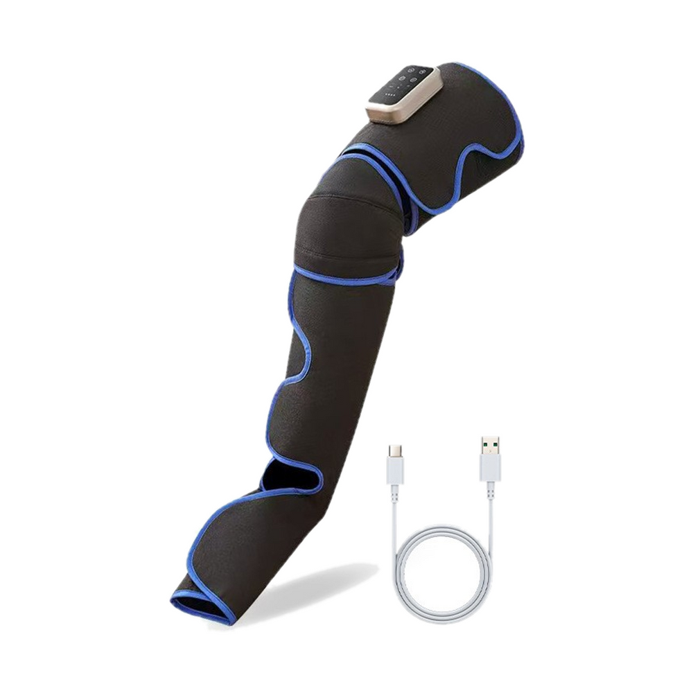 Single leg massager sleeve with its control unit and USB charging cable