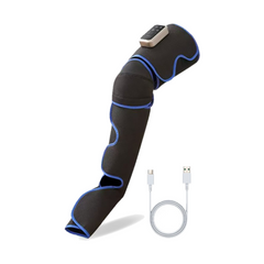 Single leg massager sleeve with its control unit and USB charging cable