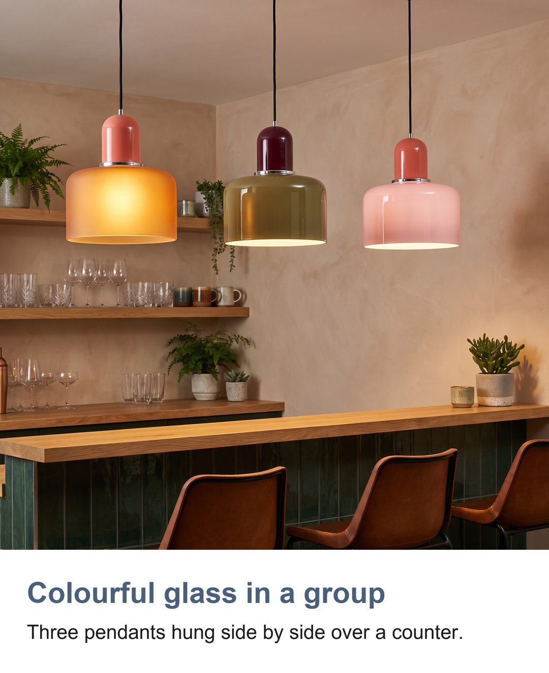 Coloured glass Bauhaus pendant light: Colourful glass in a group