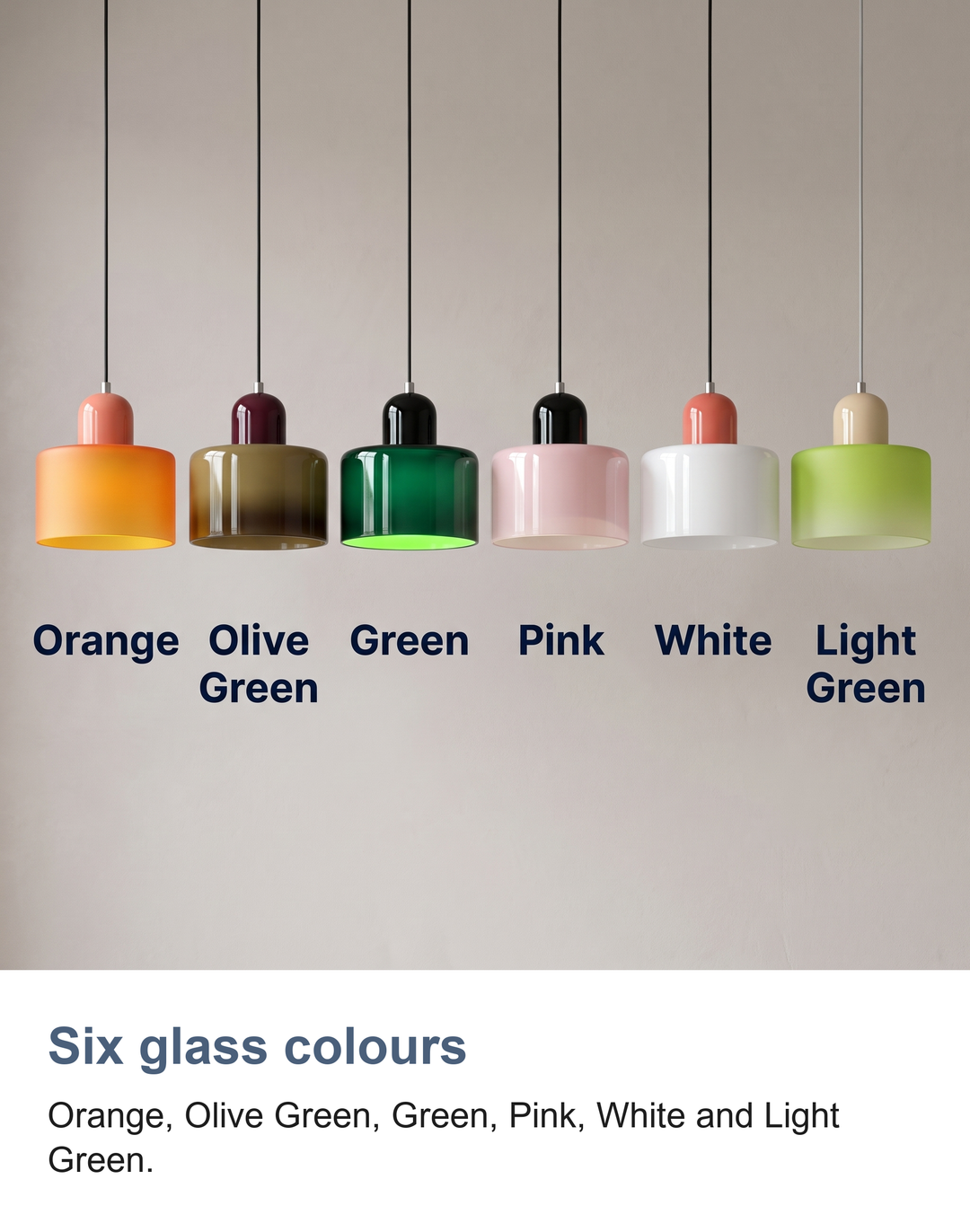 Coloured glass Bauhaus pendant light: Six glass colours