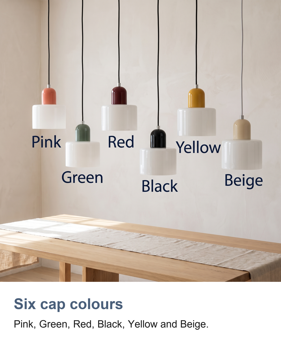 Coloured glass Bauhaus pendant light: Six cap colours