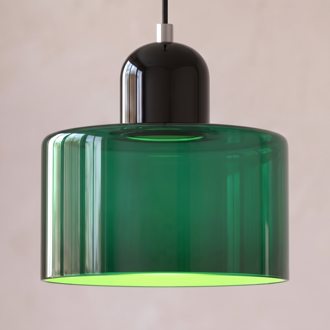 Green glass Bauhaus pendant light with black cap