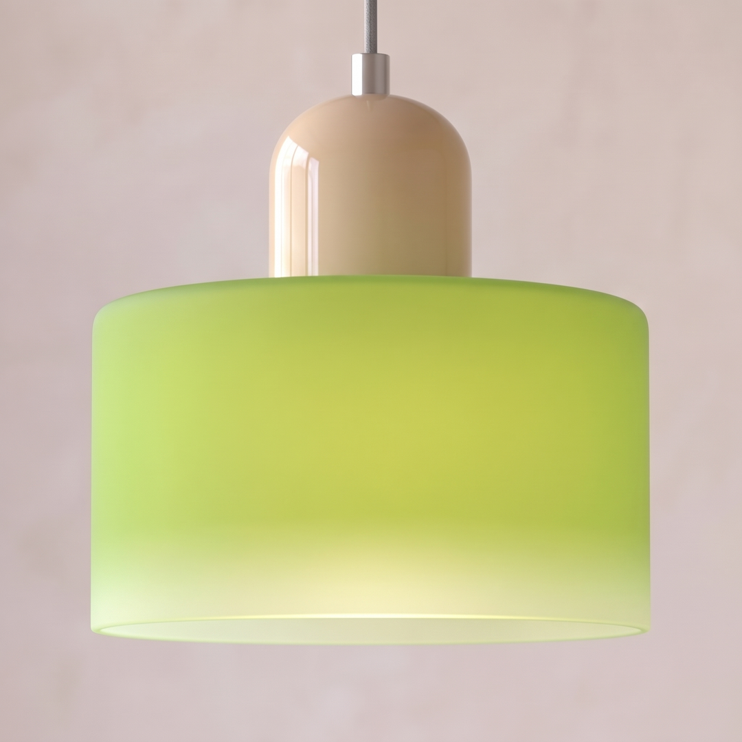 Light Green glass Bauhaus pendant light with beige cap