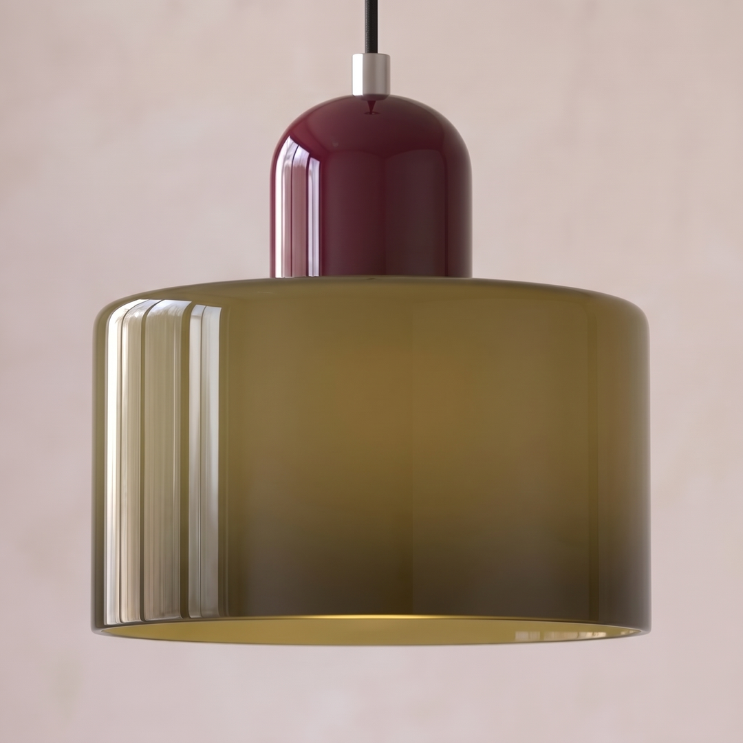 Olive Green glass Bauhaus pendant light with red cap