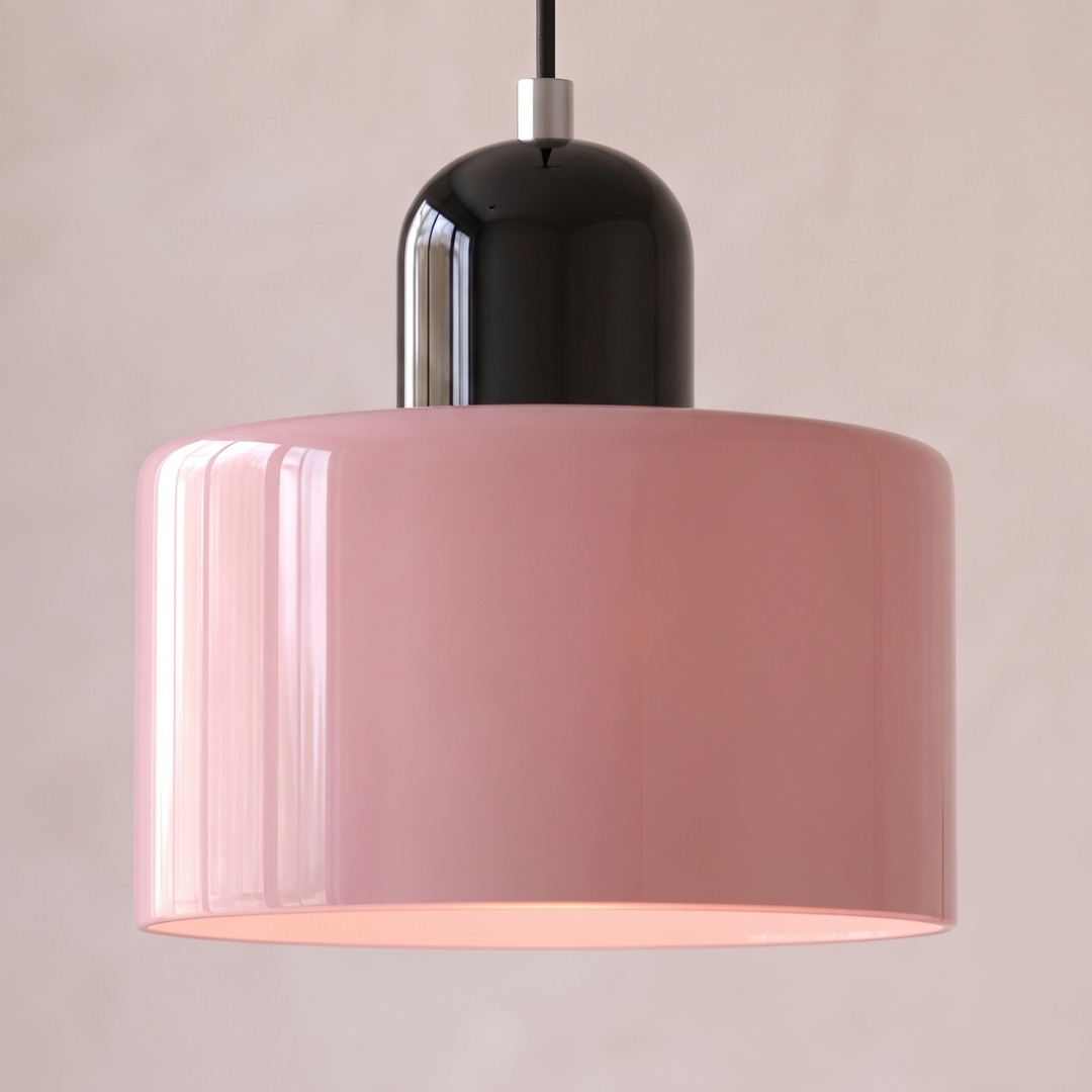 Pink glass Bauhaus pendant light with black cap