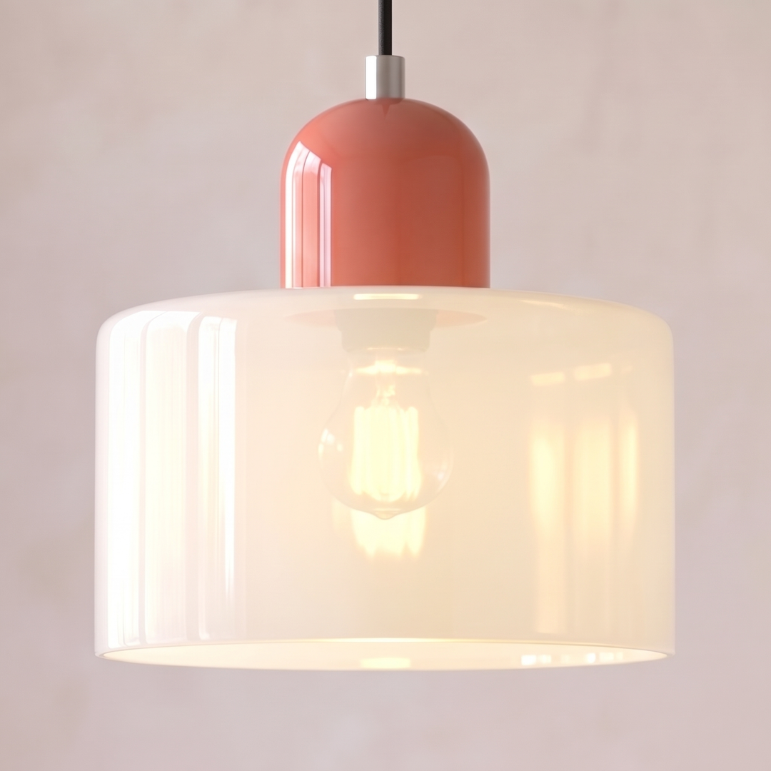 White glass Bauhaus pendant light with pink cap