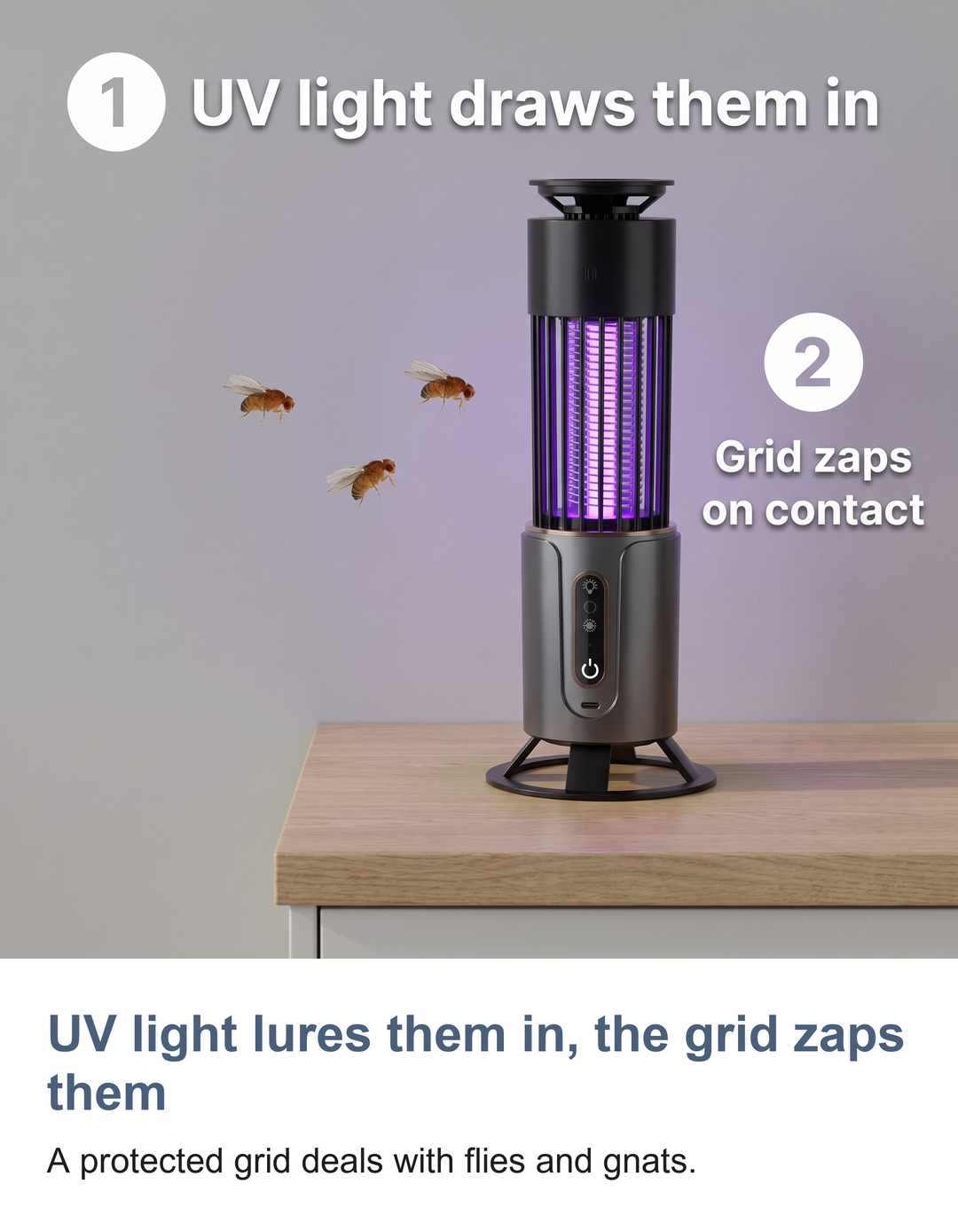 Rechargeable UV bug zapper lamp: UV light lures them in, the grid zaps them