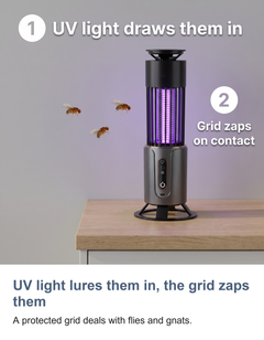 Rechargeable UV bug zapper lamp: UV light lures them in, the grid zaps them