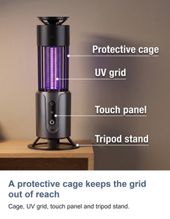 Rechargeable UV bug zapper lamp: A protective cage keeps the grid out of reach