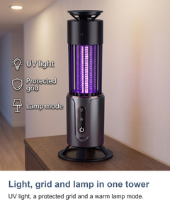 Rechargeable UV bug zapper lamp: Light, grid and lamp in one tower