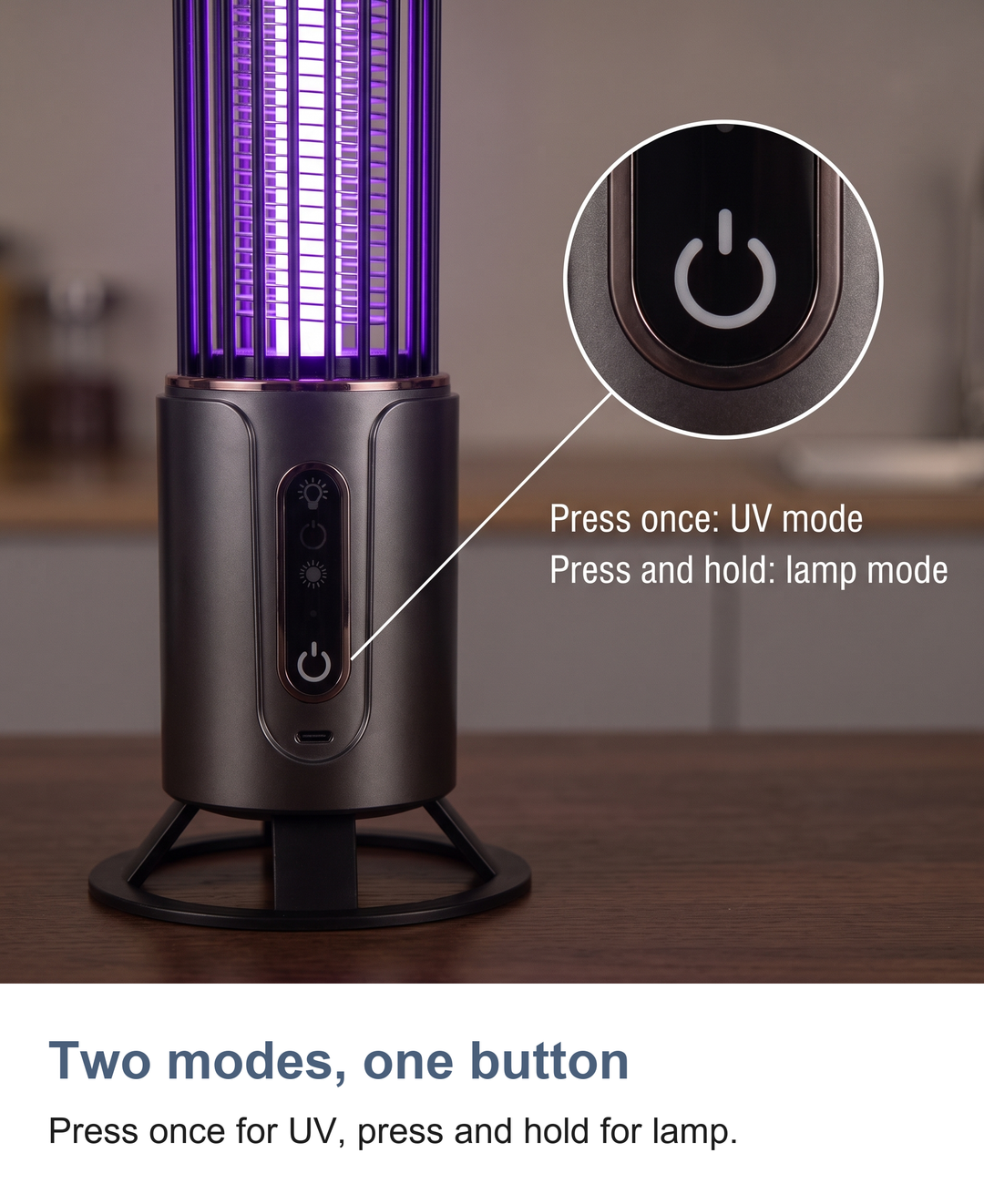 Rechargeable UV bug zapper lamp: Two modes, one button