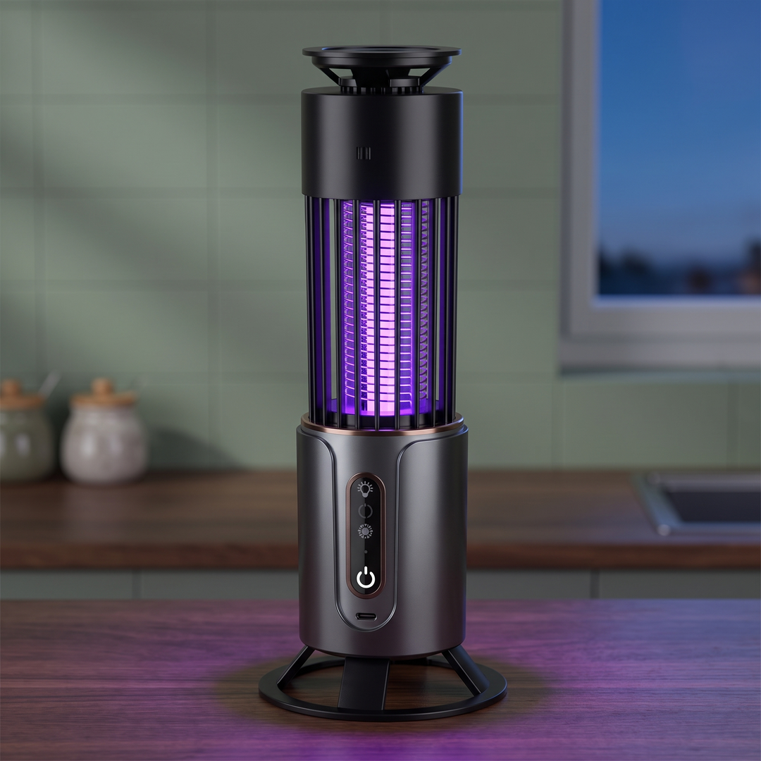 Black rechargeable UV bug zapper tower glowing purple on a kitchen worktop