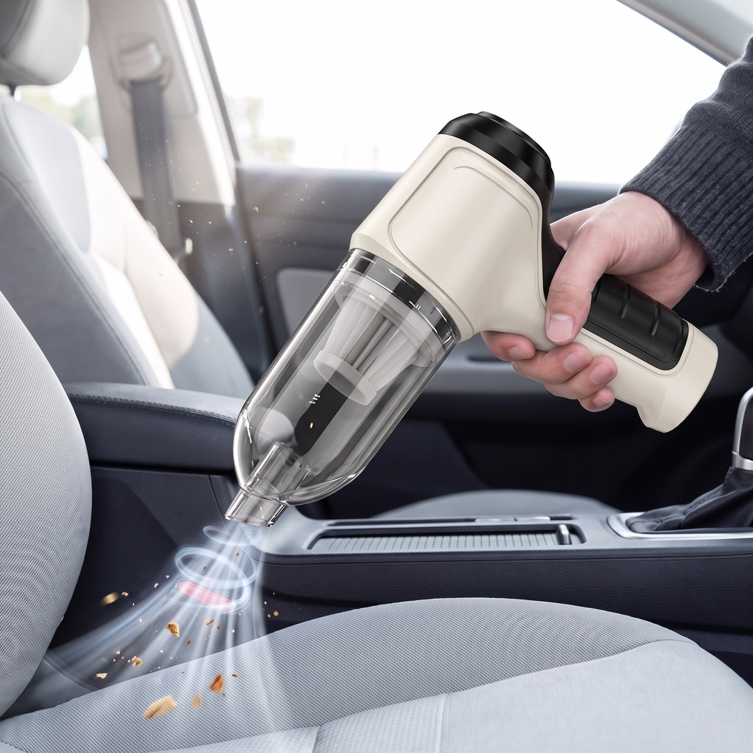Light Grey cordless handheld car vacuum cleaner with clear dust cup