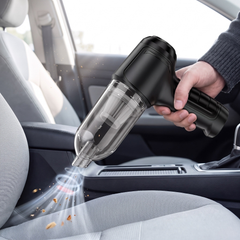 Black cordless handheld car vacuum cleaner with clear dust cup