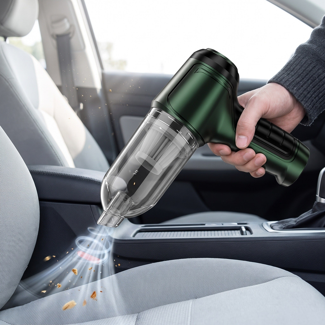Green cordless handheld car vacuum cleaner with clear dust cup