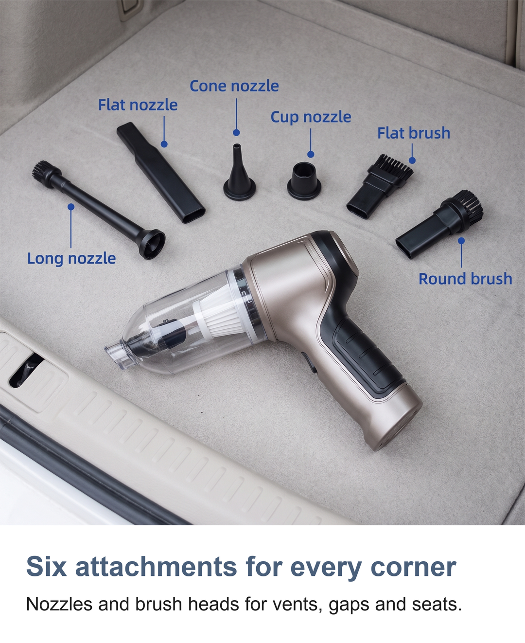 Cordless handheld car vacuum cleaner: Six attachments for every corner