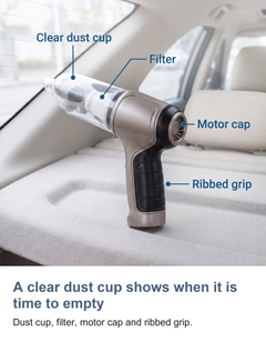 Cordless handheld car vacuum cleaner: A clear dust cup shows when it is time to empty
