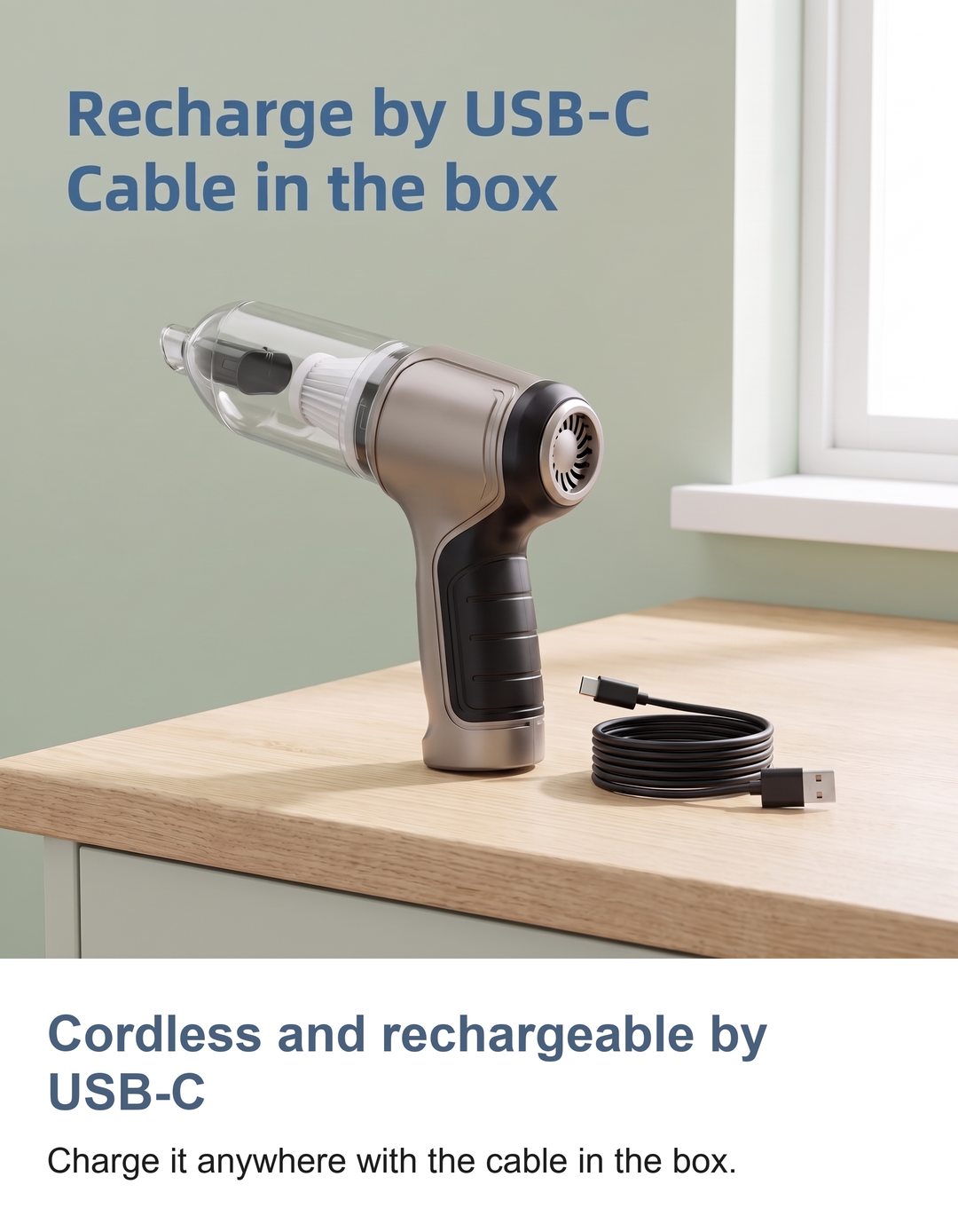 Cordless handheld car vacuum cleaner: Cordless and rechargeable by USB-C