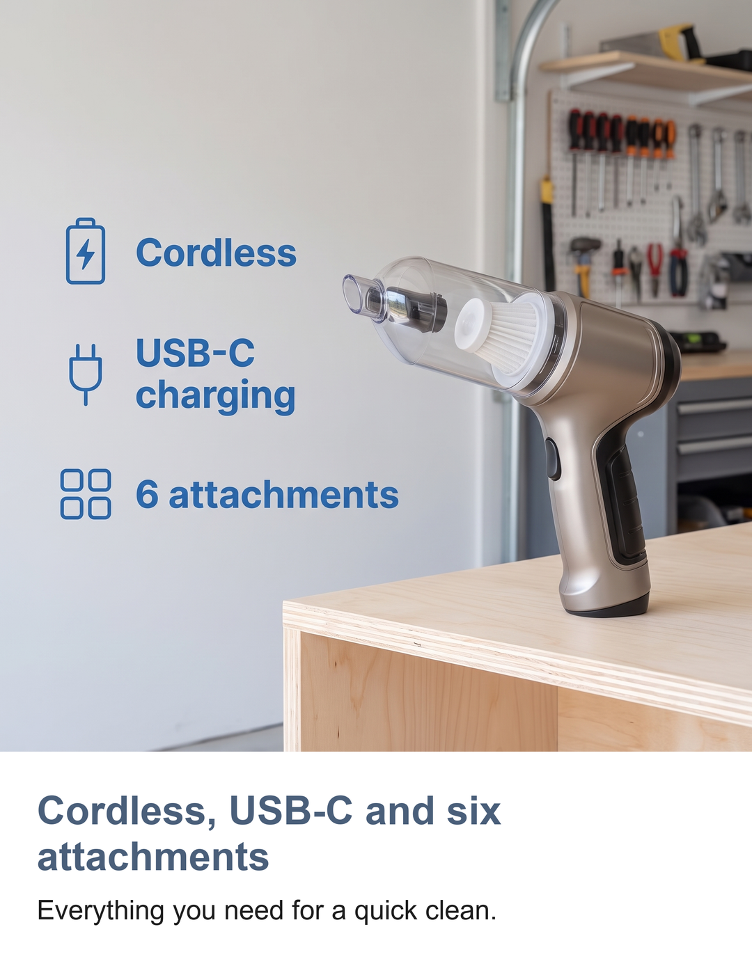 Cordless handheld car vacuum cleaner: Cordless, USB-C and six attachments