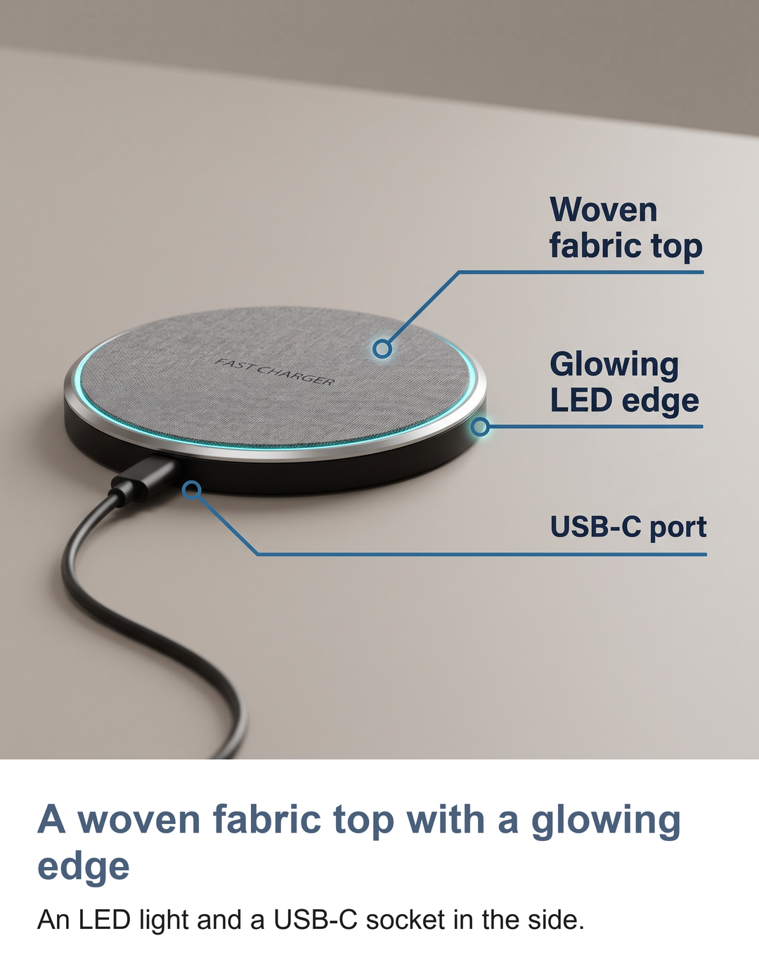 Fabric wireless charging pad: A woven fabric top with a glowing edge
