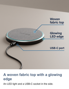 Fabric wireless charging pad: A woven fabric top with a glowing edge