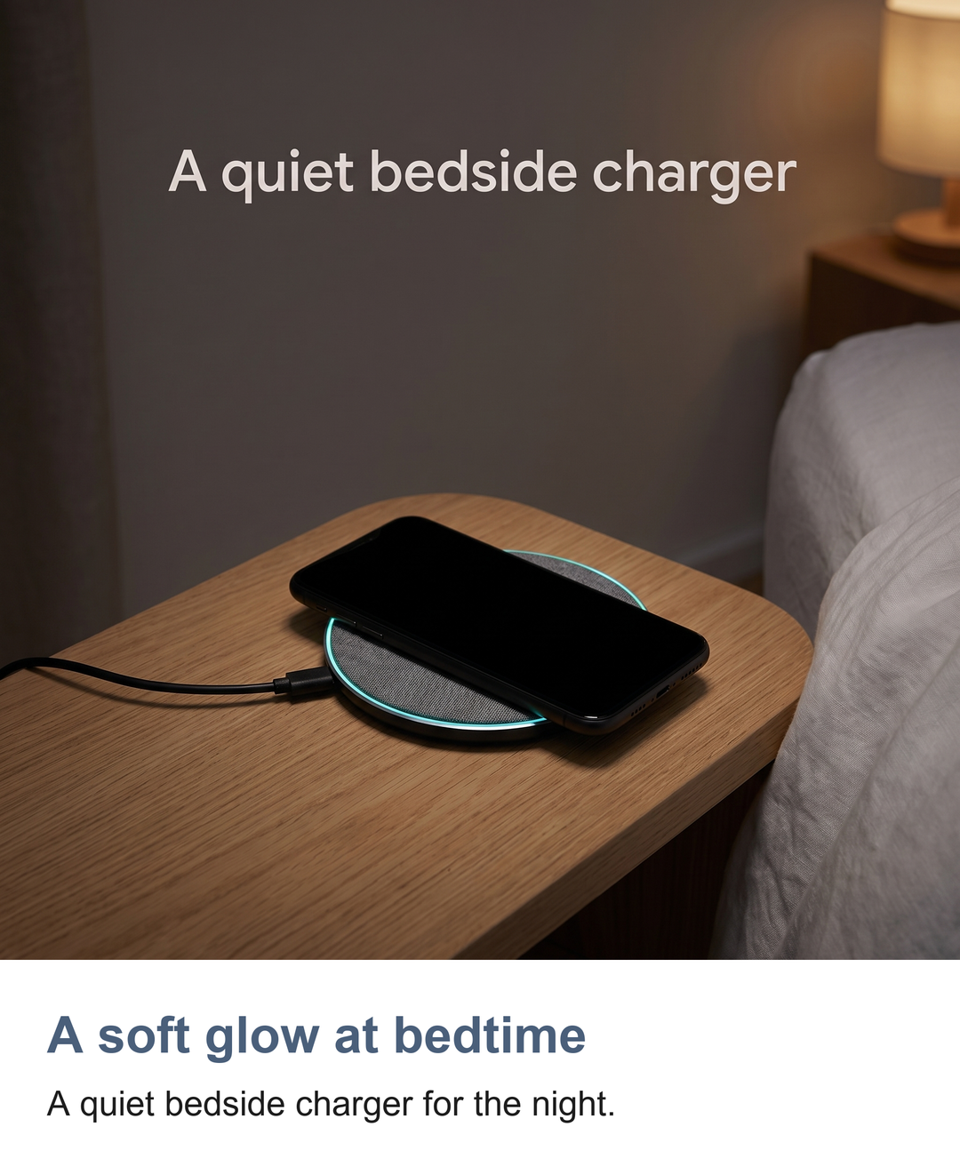 Fabric wireless charging pad: A soft glow at bedtime