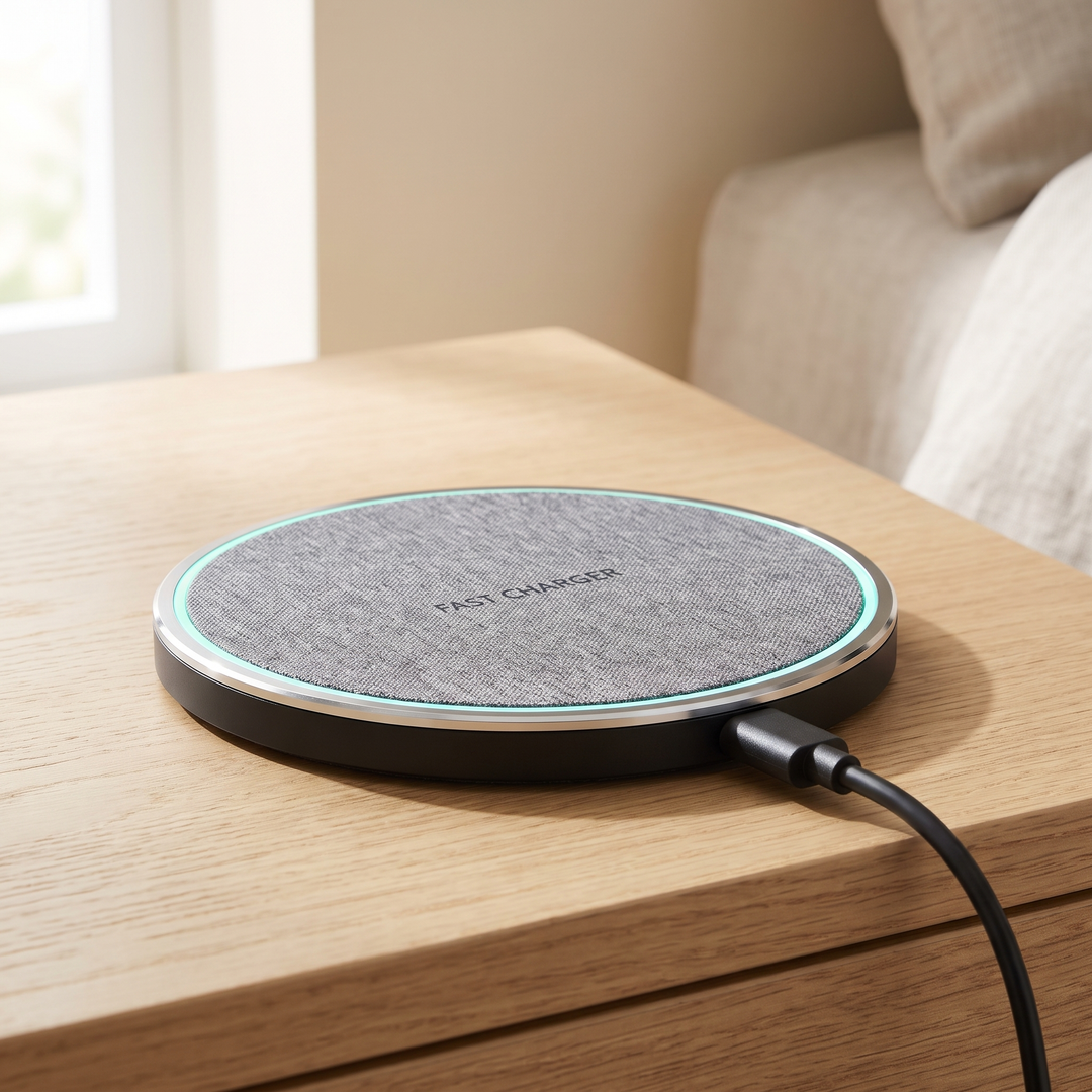 Grey fabric round wireless charging pad with a glowing edge on a wooden table