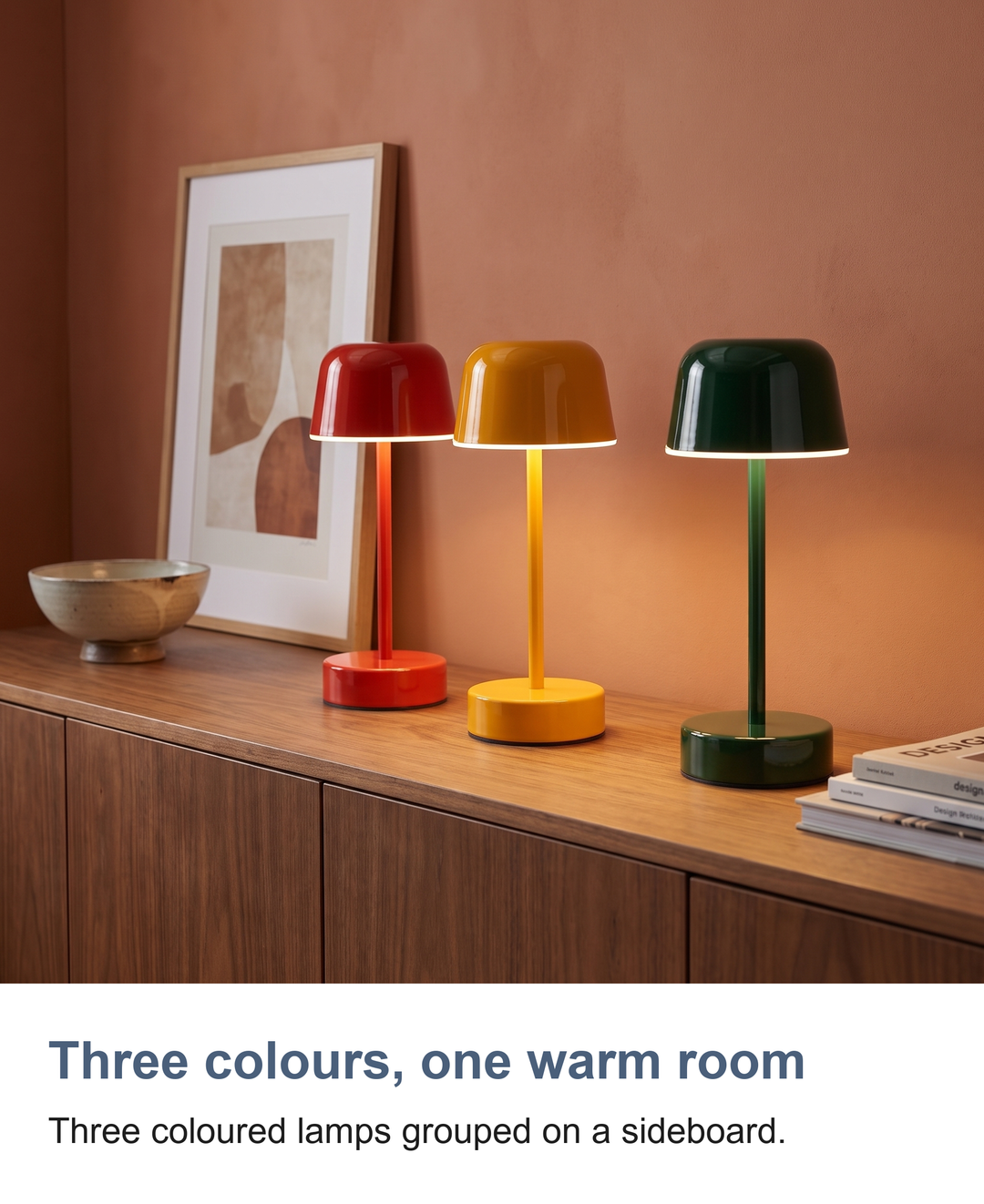 Cordless mushroom table lamp: Three colours, one warm room