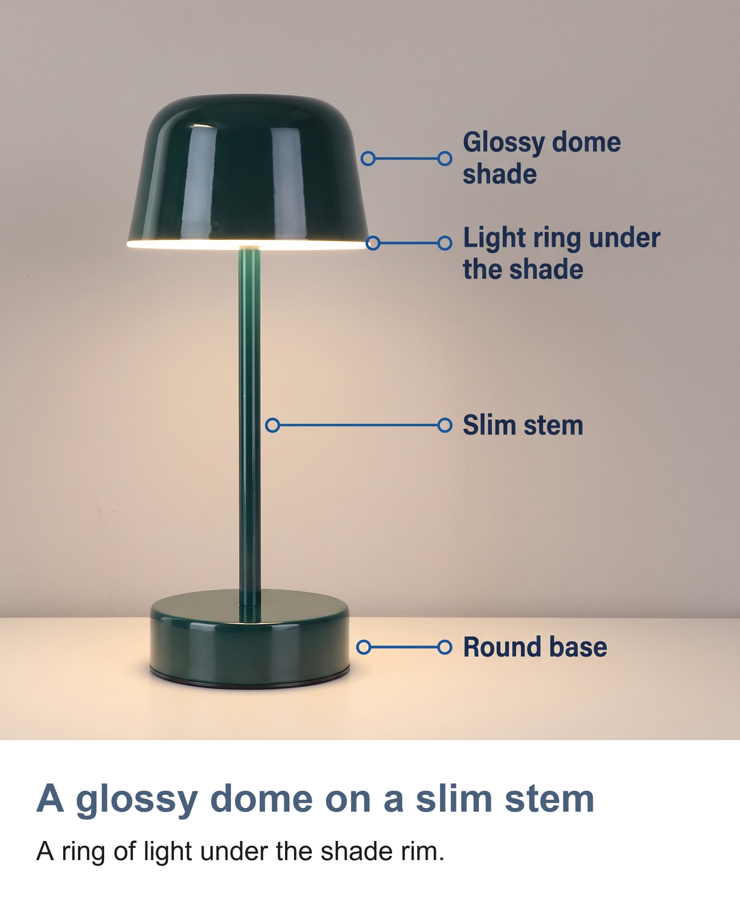 Cordless mushroom table lamp: A glossy dome on a slim stem