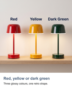 Cordless mushroom table lamp: Red, yellow or dark green