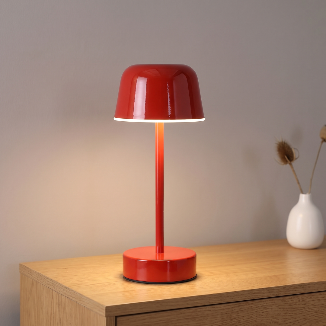 Red cordless rechargeable mushroom table lamp, lit