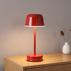 Red cordless rechargeable mushroom table lamp, lit
