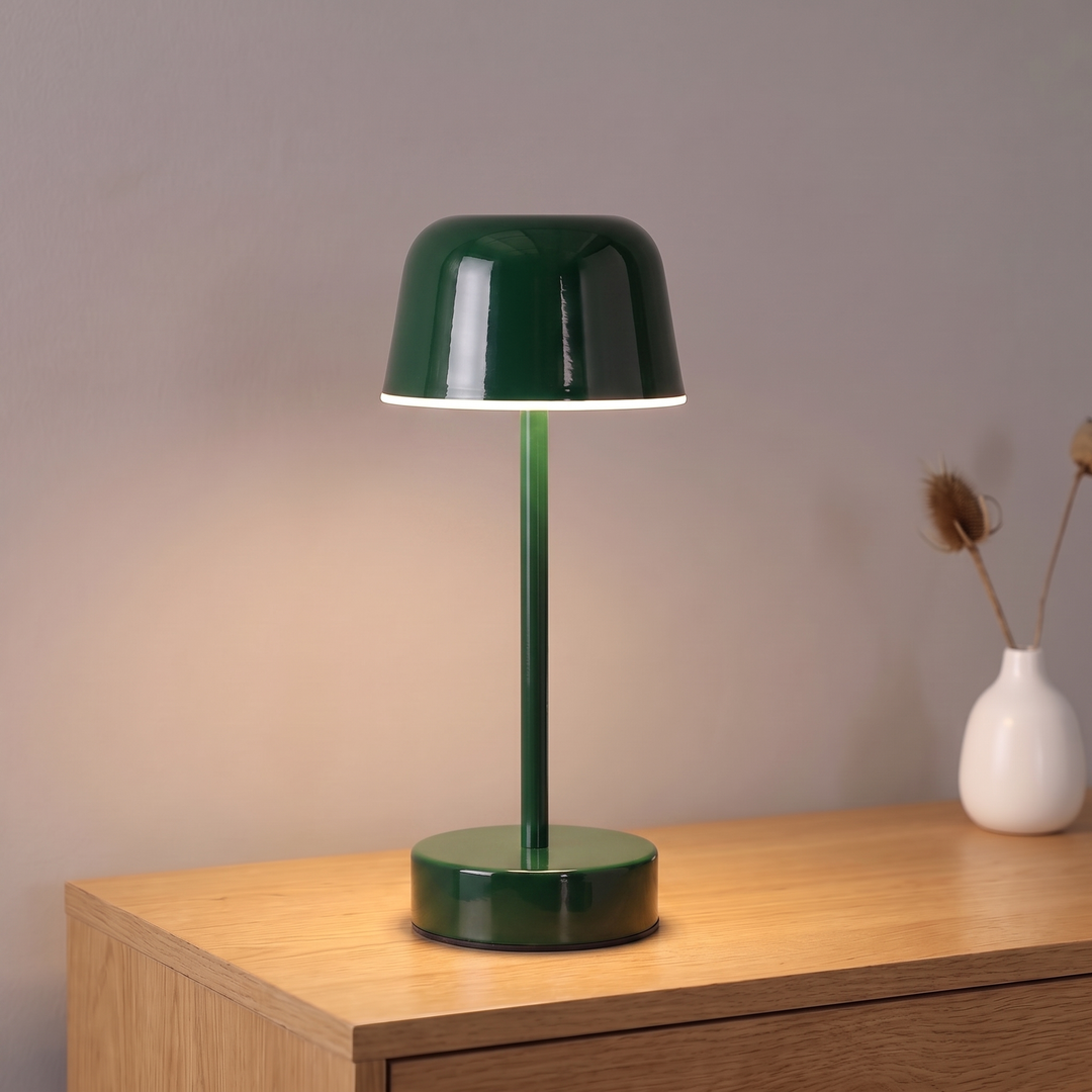 Dark Green cordless rechargeable mushroom table lamp, lit