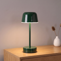 Dark Green cordless rechargeable mushroom table lamp, lit