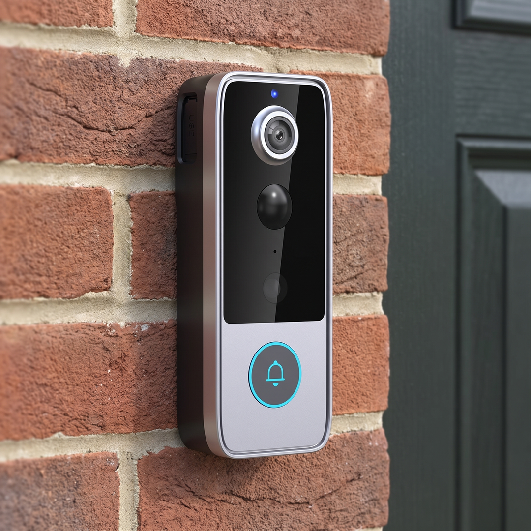 Wireless video doorbell camera with silver frame on a brick wall by a front door