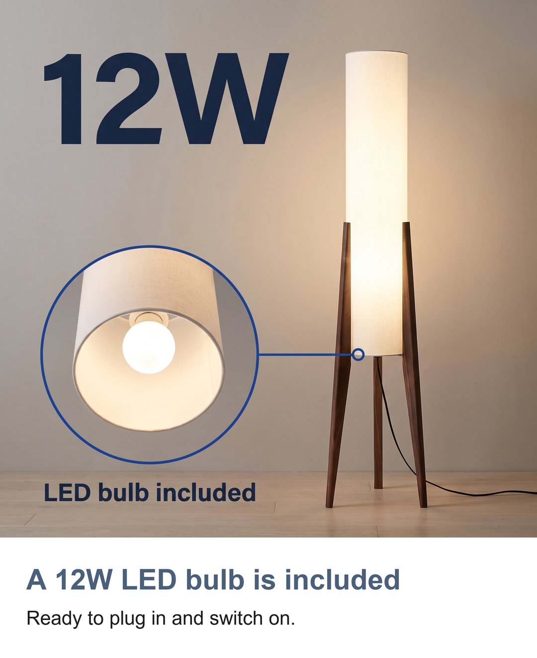 Tall cylinder floor lamp: A 12W LED bulb is included