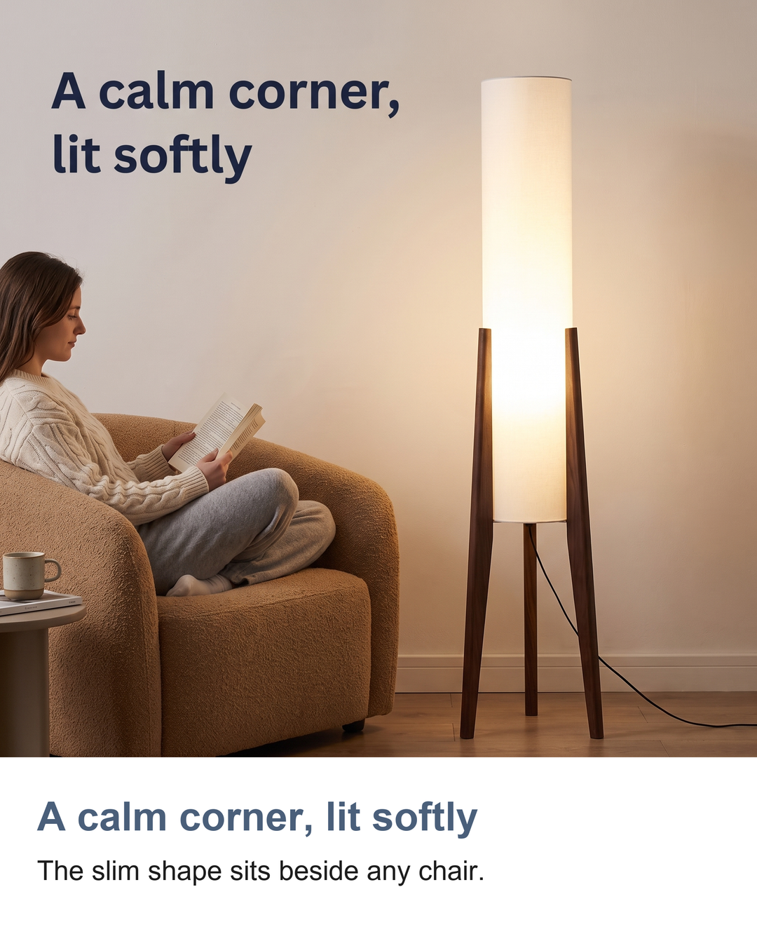 Tall cylinder floor lamp: A calm corner, lit softly