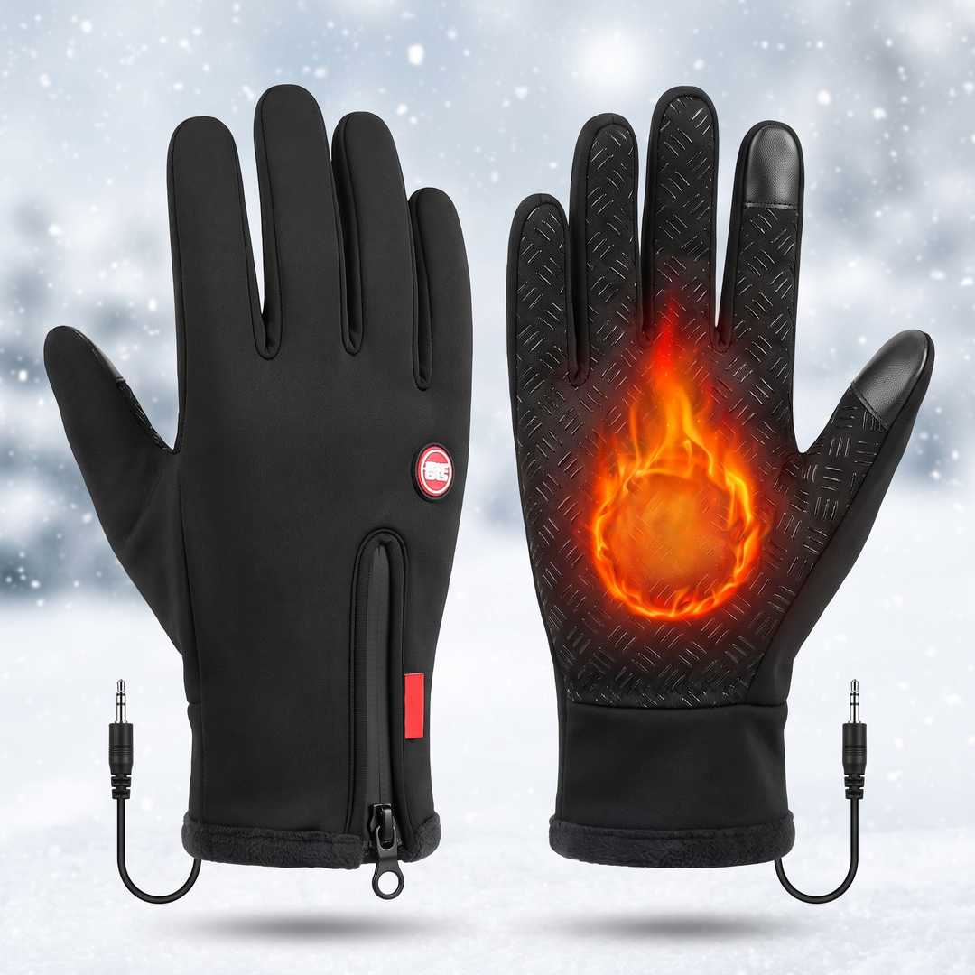 Pair of black USB heated gloves on a frosty bench