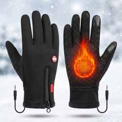 Pair of black USB heated gloves on a frosty bench