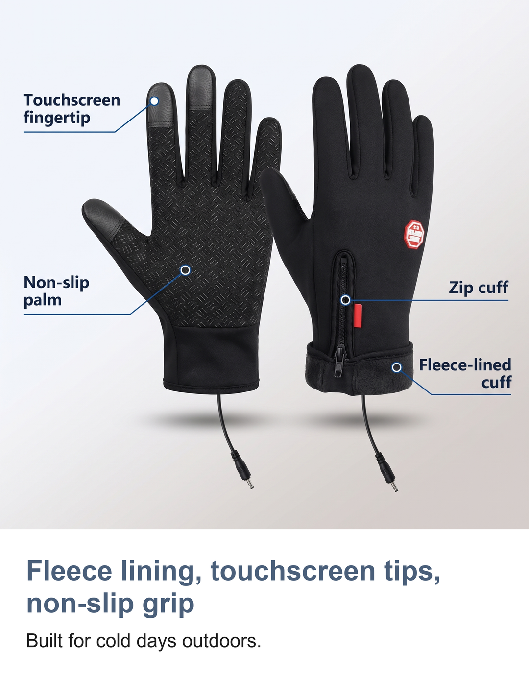 USB heated gloves: Fleece lining, touchscreen tips, non-slip grip
