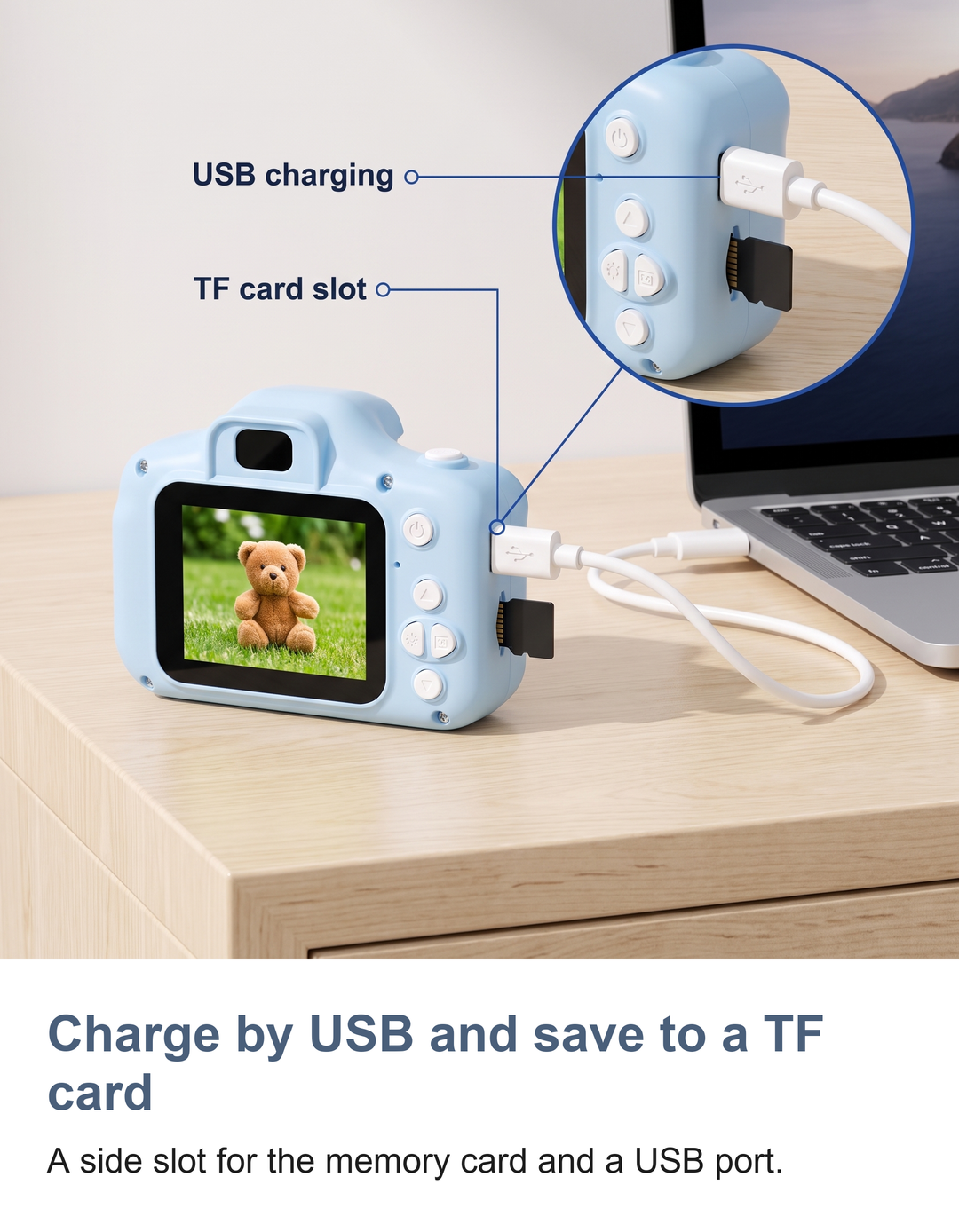Kids digital camera with 2 inch screen: Charge by USB and save to a TF card