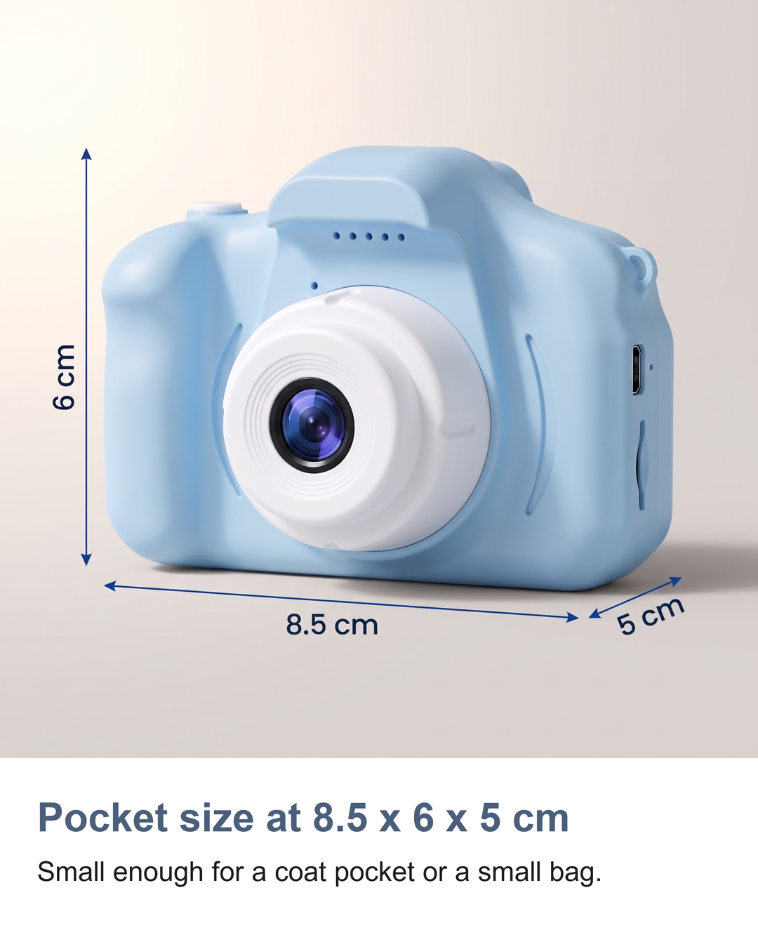 Kids digital camera with 2 inch screen: Pocket size at 8.5 x 6 x 5 cm