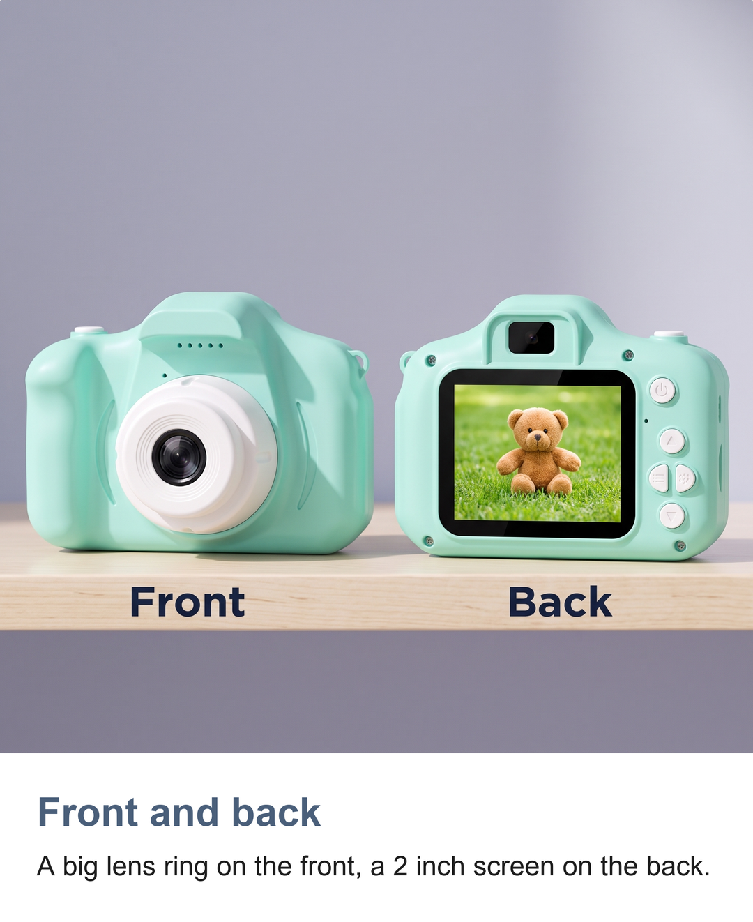 Kids digital camera with 2 inch screen: Front and back