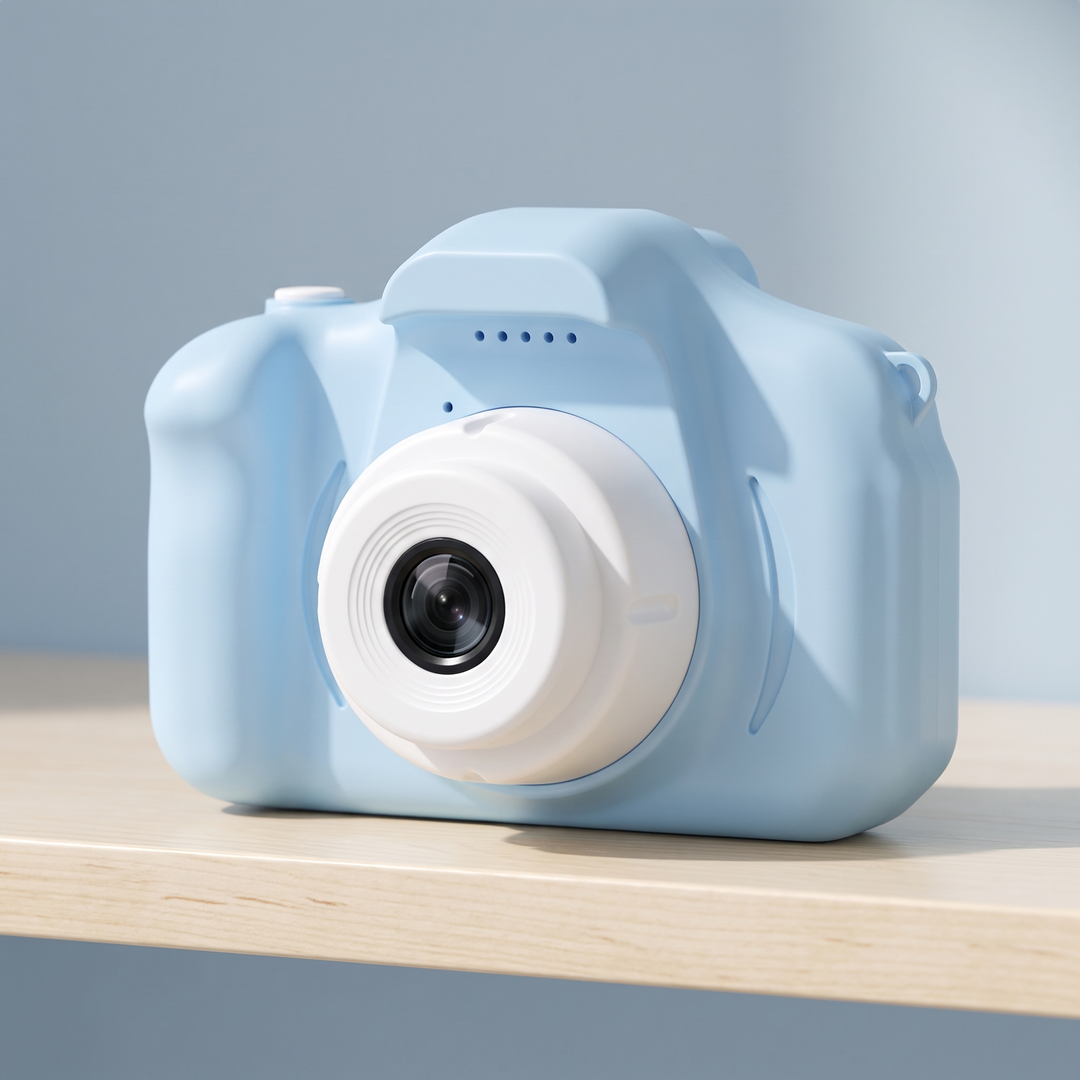 Blue kids digital camera with a white lens ring