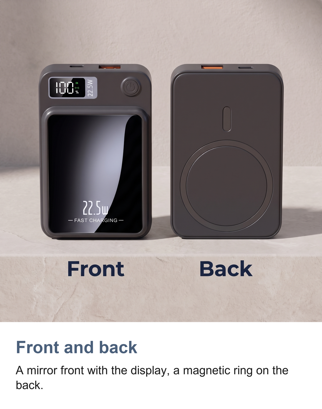 Magnetic wireless power bank: Front and back