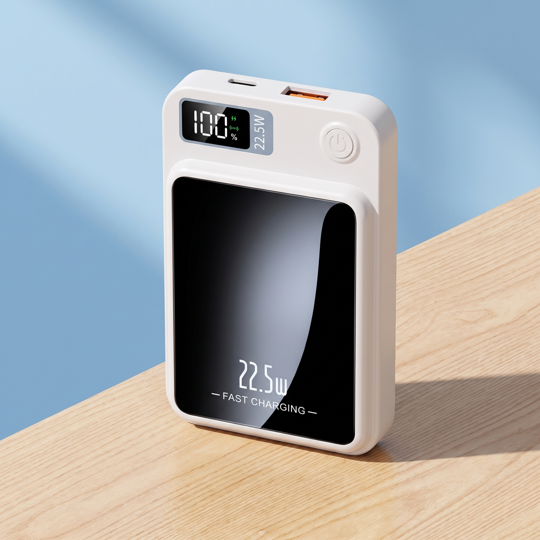 White magnetic wireless power bank with LED display and mirror front