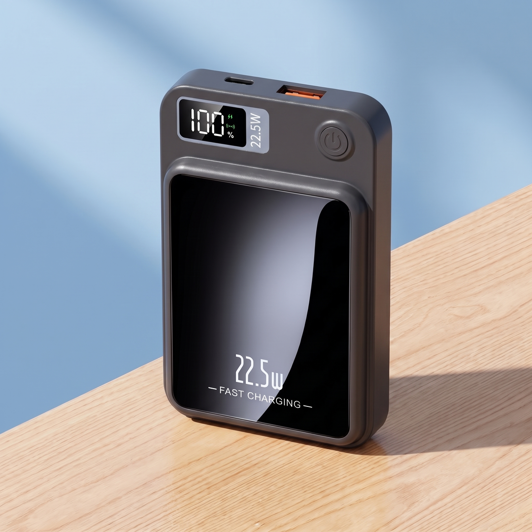 Black magnetic wireless power bank with LED display and mirror front